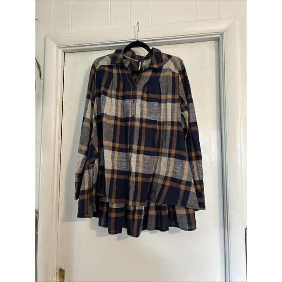 Free People Plaid Hi Low Ruffle Hem Button Up Shirt Blue and Cream Size M - Picture 1 of 6